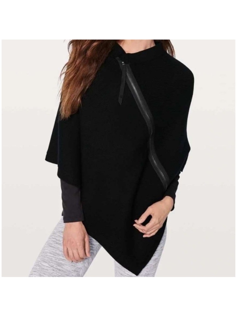 lululemon Black Asymmetric Zip-Up Poncho Shawl Sweater, 100% Wool, O/S